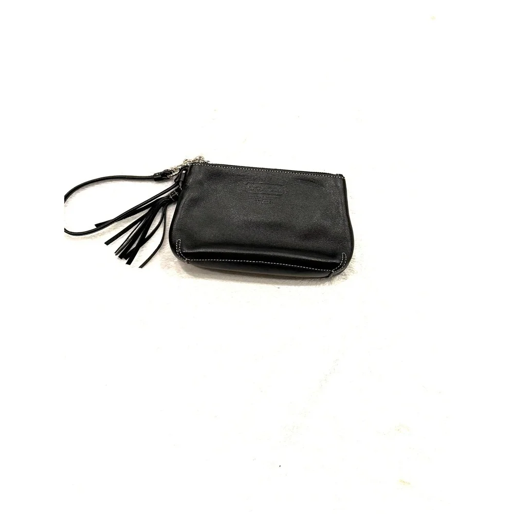Vintage Coach Black Leather Wristlet Tassel Pouch Bag with White Stitching